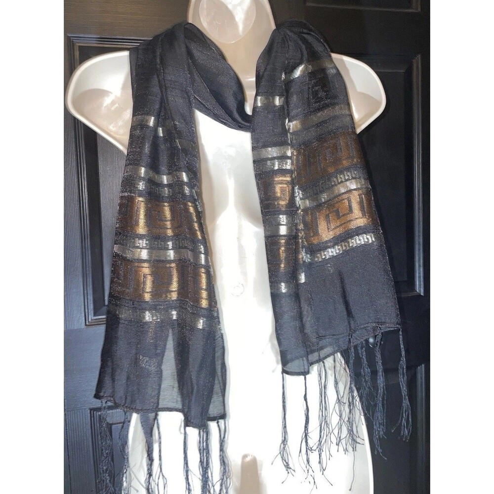 Black Pashmina Scarf Shawl Gold Silver Greek Key Metallic Fringe Evening Wrap